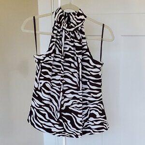 INC Silk Chocolate-and White Sleeveless High Neck Blouse. Size 8